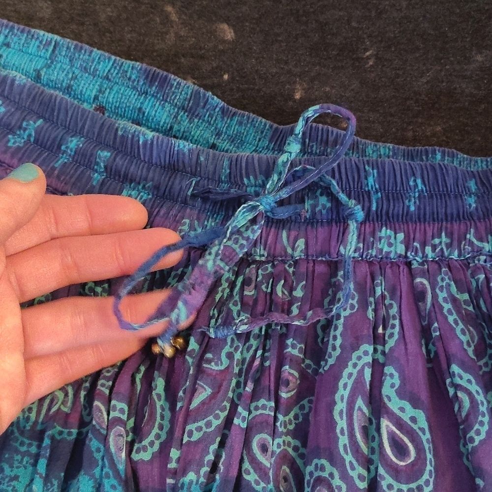 VTG 80s Blue Teal Purple Paisley Print Cotton Broomstick Midi Skirt Medium - Picture 6 of 13